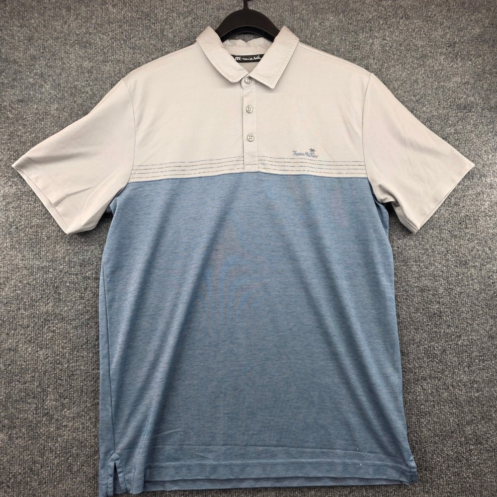 TravisMathew Mens Colorblock Polo Shirt Grey Blue Striped Golf Top Size L